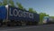 Speeding freight semi truck with LOGISTICS caption on the trailer. Road cargo transportation. 3D rendering