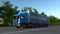 Speeding freight semi truck with MADE IN DENMARK caption on the trailer