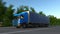 Speeding freight semi truck. Road cargo transportation. 3D rendering