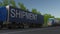 Speeding freight semi truck with SHIPMENT caption on the trailer. Road cargo transportation. 3D rendering