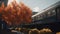 Speeding locomotive blurs through autumn landscape, passing city skyscrapers generated by AI