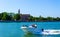 Speeding motorboat in Venetian Lagoon Italy
