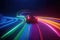 Speeding racing car on neon highway on a night track with colorful lights and trails.