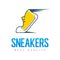 Speeding running sport shoe symbol, icon or logo. Label. Sneakers. Creative design. Vector illustration.