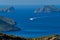 Speeding speed boat catamaran ship in Aegean sea near Milos island in Greece