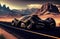 Speeding sports car drives through majestic mountain landscape generated by AI