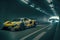 Speeding Sports Car On Highway tunnel. Powerful acceleration of a supercar on a night track, generative ai