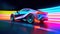 Speeding Sports Car On Neon Highway. Powerful acceleration of a supercar on a night track. Generative AI