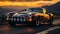 Speeding sports car races through the mountains at dusk, illuminated by the sunset generated by AI