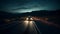 Speeding truck illuminates dark mountain landscape on country road adventure generated by AI
