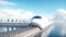 Speedly Futuristic monorail train. Sci fi station. Concept of future. People and robots. Water and wind energy. 3d