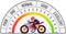 Speedometer and biker on motorbike, car speed control. Tachometer with color sector for measurement