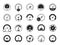 Speedometer black icons. Speed dashboard gauge symbol, flat device upload and download indicator. Vector set