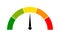 Speedometer icon with arrow. Meter for dashboard with green, yellow, red indicators. Gauge of tachometer. Low, medium, high and