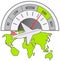 Speedometer and plane in sky. Tachometer with arrow and sectors, travel speed between continents