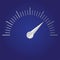 Speedometer or tachometer with metallic arrow isolated on dark blue background. Infographic gauge element. Vector icon or sign.