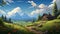 Speedpainting Of A Cartoony Mountain Valley With Wooden House And Flowers