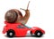 Speedy snail like car racer. Concept of speed and success. Wheels are blur because of moving. Isolated white background