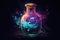 Spellbinding potion in glass vial, swirling with vibrant colors and releasing sparkling tendrils of magic, super details