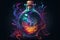 Spellbinding potion in glass vial, swirling with vibrant colors and releasing sparkling tendrils of magic, super details