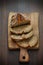 Spelt flour bread, sliced on a cutting board for breakfast