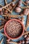 Spelt grain arrangement in pottery bowl