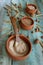 Spelt grain, spelt flakes and spelt flour arrangement in pottery bowls