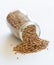 Spelt grains neatly stored in a glass jar against a clean white background, illustrating food storage