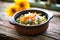 spelt macaroni with vibrant pesto sauce, in a rustic ceramic bowl