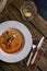 Spelt Pumpkin Mushroom Risotto on Grey Background, Tasty Vegetarian Meal