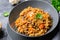 Spelt Pumpkin Mushroom Risotto on Grey Background, Vegetarian Meal