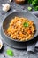 Spelt Pumpkin Mushroom Risotto on Grey Background, Vegetarian Meal