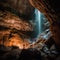 Spelunkers in a colossal cave with light and waterfall from above.