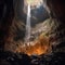 Spelunkers in a colossal cave with light and waterfall from above.