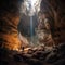 Spelunkers in a colossal cave with light and waterfall from above.