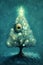 Sperkling big-eyed Christmas tree on dark background for greeting cards, fantasy illustration