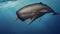 Sperm whale swims under the water catches squid on a background of blue ocean.