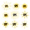 SPF sun set. Hand drawn doodle solar symbols, uv protection emblem labels, yellow sings with black letters and numbers, icons for