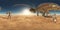 Spherical 360 degrees seamless panorama with huge spacecraft and robots in a desert landscape