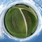 Spherical abstract panoramic aerial view in a field with fantastic beautiful clouds and curvature of space like a small planet