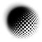 Spherical distortion halftone dots element. Orb, ball deform on bulge, bump speckles, polka-dots and screentone.Pointillist,