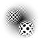 Spherical distortion halftone dots element. Orb, ball deform on bulge, bump speckles, polka-dots and screentone.Pointillist,