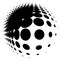 Spherical distortion halftone dots element. Orb, ball deform on bulge, bump speckles, polka-dots and screentone.Pointillist,