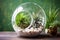 a spherical glass terrarium filled with air plants