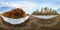 Spherical panorama of forestry area with stacks of wood and pine forest