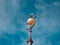 A spherical shaped vintage street lamp with metal decorations and the sky in background Gubbio, Umbria