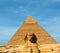 Sphinx Face Pyramid Khafre Centered Blue Sky