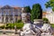 Sphinx sculpture at the Neptune gardens and Cerimonial Facade on the Queluz Royal Palace.