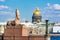 Sphinx statue on University embankment and St. Isaac`s cathedral dome, Saint Petersburg, Russia