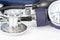 Sphygmomanometer and phonendoscope closeup macro, blood pressure measurement medical equipment. Tonometer, medical tool high